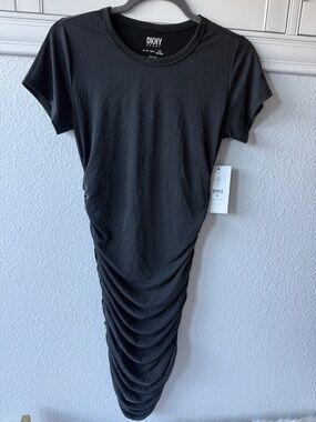 DKNY Black Ruched Short-Sleeve Midi Dress